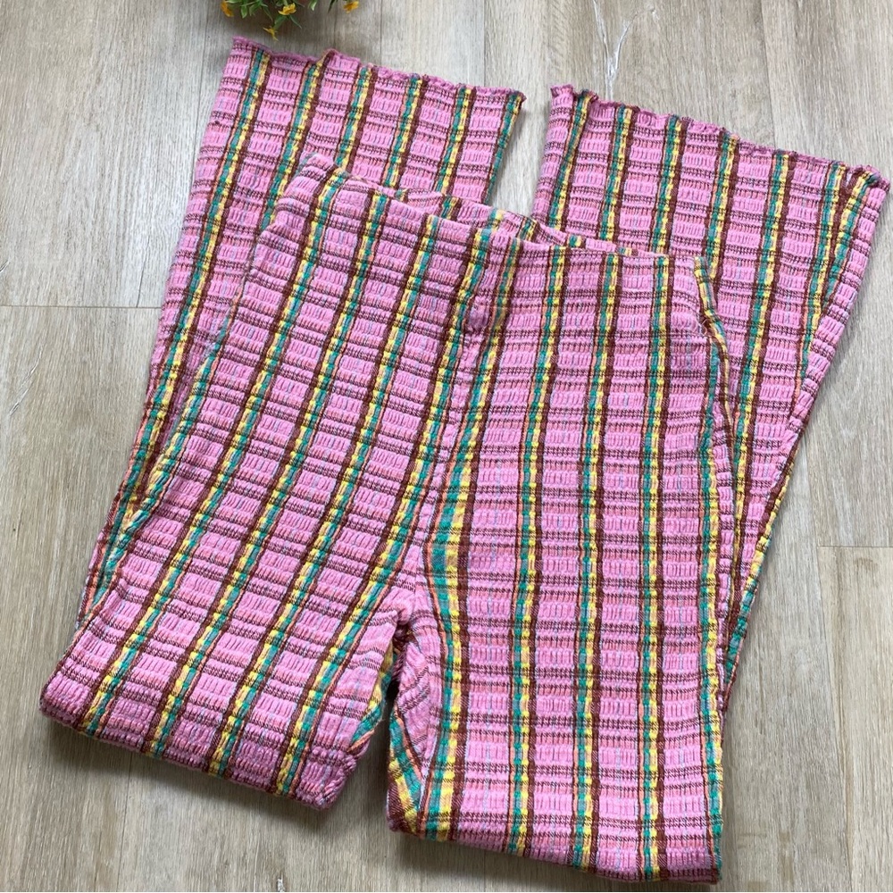 Free People Smocked High Waisted Plaid Flare Pants